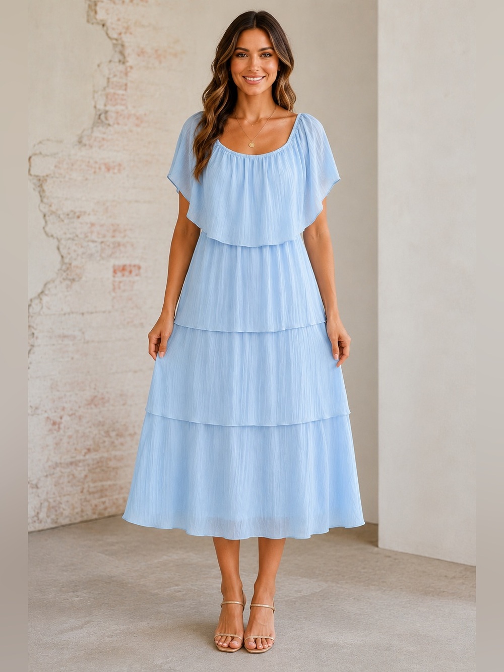 NWT ETCYY Sky Blue Tiered Chiffon Midi Dress XL Flowy Ruffle Overlay A29